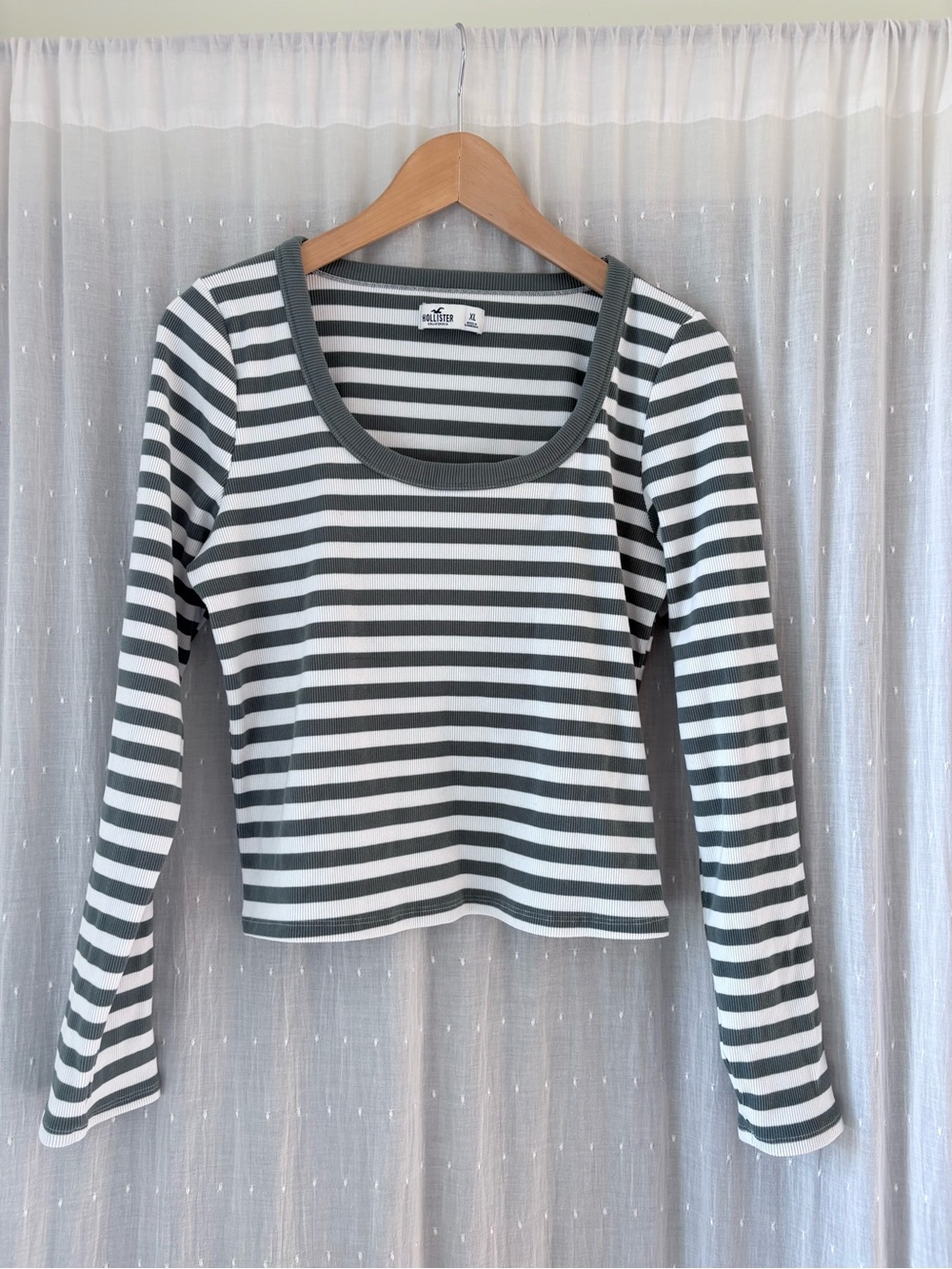 Hollister Olive Green & White Striped Long Sleeve Scoop Neck Top